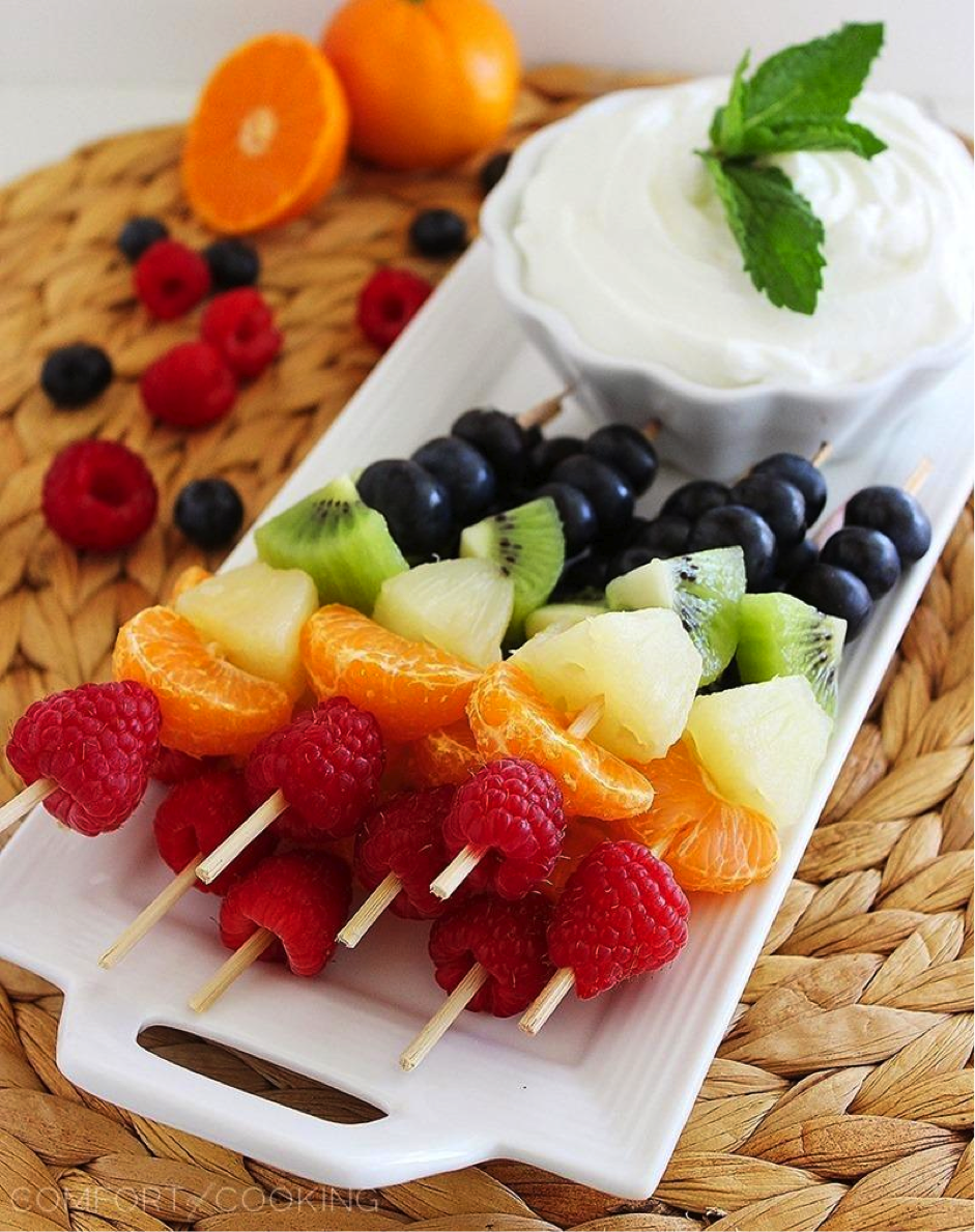 Rainbow Fruit Skewers with Vanilla-Honey Yogurt Dip